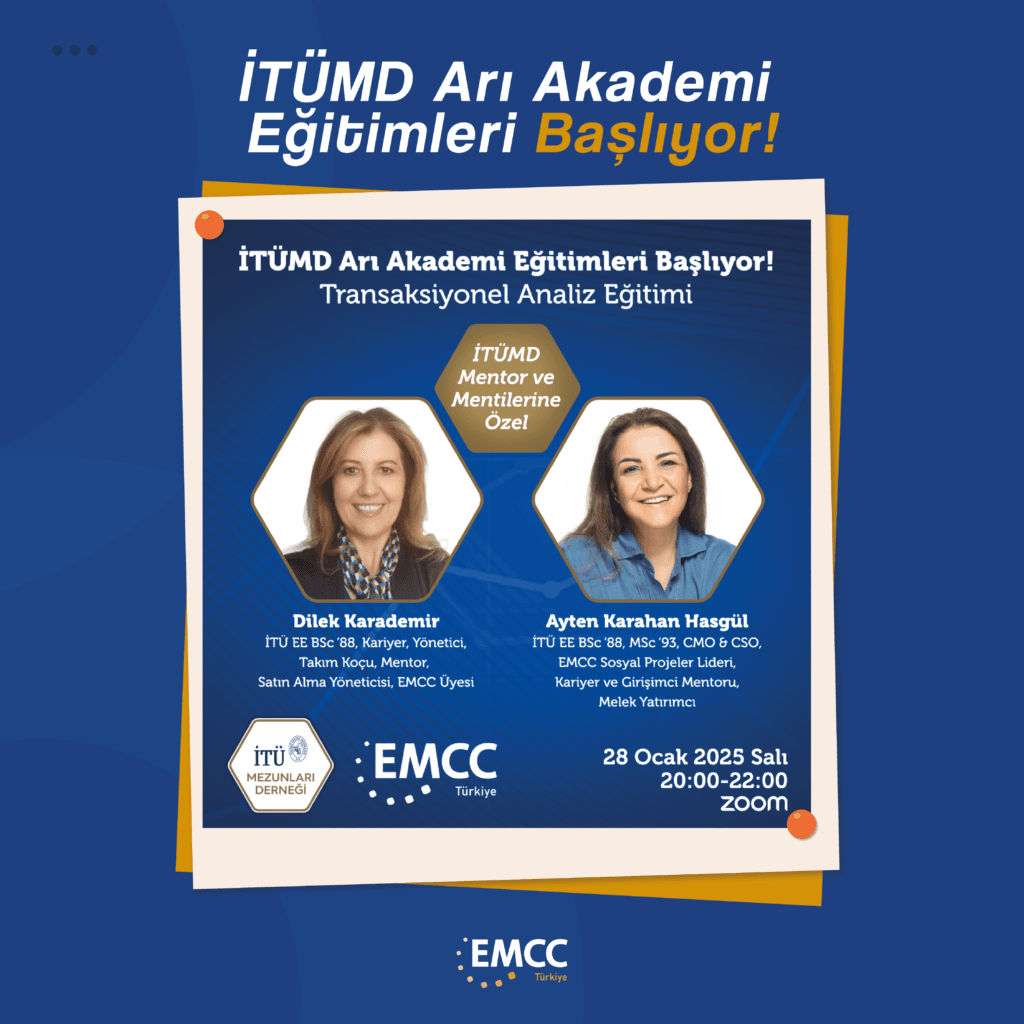 TÜMD Arı Akademi Eğitimlerinin ilki olan ve EMCC iş birliğiyle, İTÜMD mentor ve mentilerine özel hazırlanan eğitimde bireyler arası iletişimde etkinliği ve farkındalığı artıran güçlü bir model olan Transaksiyonel Analiz (TA) ile tanışacaksınız.🎯TA, insanların düşünce ve davranış kalıplarını anlamaya, farkındalık geliştirmeye ve daha sağlıklı iletişim kurma yollarını keşfetmeye yardımcı olur. Eğitimde, Transaksiyonel Analiz’in ne olduğu ve temel kavramlarından olan EGO durumları ile Temas iletilerinin iletişimdeki rolüne odaklanılacaktır. Ayrıca, Yaşam Pozisyonları ve Karpman Drama Üçgeni gibi TA kuramındaki önemli kavramlara değinilerek, bu konularla ilgili uygulamalar da yapılacaktır.Kendinizi ve başkalarını daha derinlemesine anlayacağınız ve etkili iletişim kurmanın kapılarını aralayacağınız, mentorluk sürecinize önemli katkı sağlayacak bu eğitime siz de katılın!📣