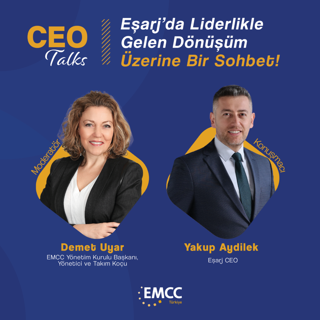 🌟 🎙️ Eşarj’da LiderlikleGelen Dönüşüm Üzerine İlham Verici Bir Sohbet✨

Eşarj'ın Dönüşüm Kodlarını Çözüyoruz!

Bir şirket sadece teknolojisiyle değil, liderinin vizyonuyla büyür. Peki, Türkiye'nin elektrikli şarj istasyonları devinde, liderlikle gelen dönüşüm süreci nasıl işledi? EMCC Türkiye olarak CEO Talks serimize güçlü bir başlangıç yapıyoruz!

İnsan ve Kültür Bölüm Başkanlığı'ndan CEO koltuğuna geçen Yakup Aydilek, Eşarj'ın büyüme yolculuğunda liderliğin dönüştürücü gücünü anlatacak. Sadece iş sonuçlarını değil, insana ve kültüre dokunarak gelen başarının formülünü, EMCC Türkiye Başkanı Demet Uyar soracak, Yakup Bey yanıtlayacak.

Konuşmacı: Yakup Aydilek
Eşarj CEO

Moderatör: Demet Uyar
EMCC Yönetim Kurulu Başkanı, Yönetici ve Takım Koçu

🗓️ Tarih: 27 Şubat 2025, Perşembe
🕗 Saat: 20.00 – 21.00
📍 Yer: Zoom
🔗 Kayıt: Aşağıdaki butondan ulaşabiilirsiniz.

💬 Katılımcıların soruları ve deneyimleriyle zenginleşecek bu etkileşimli sohbeti kaçırma!